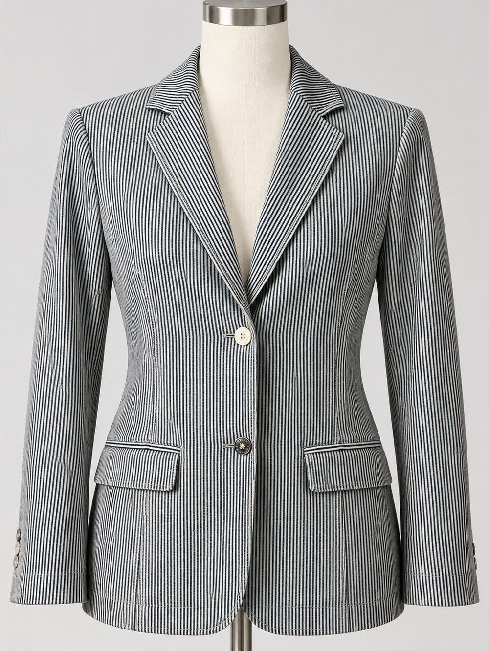 Tru Trussardi Navy Blue and White Pinstripe Blazer